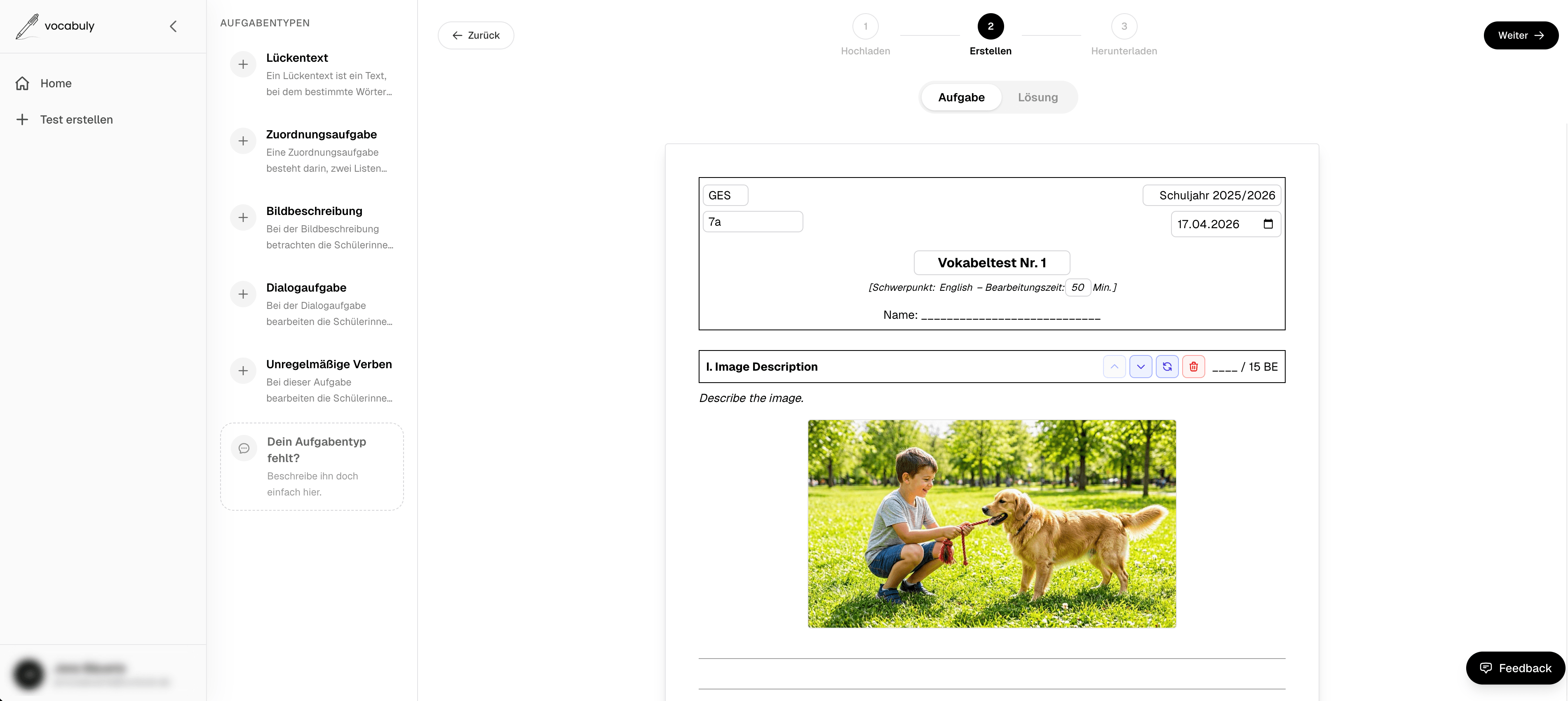 Überblick der fünf verfügbaren Aufgabentypen im vocabuly-Editor