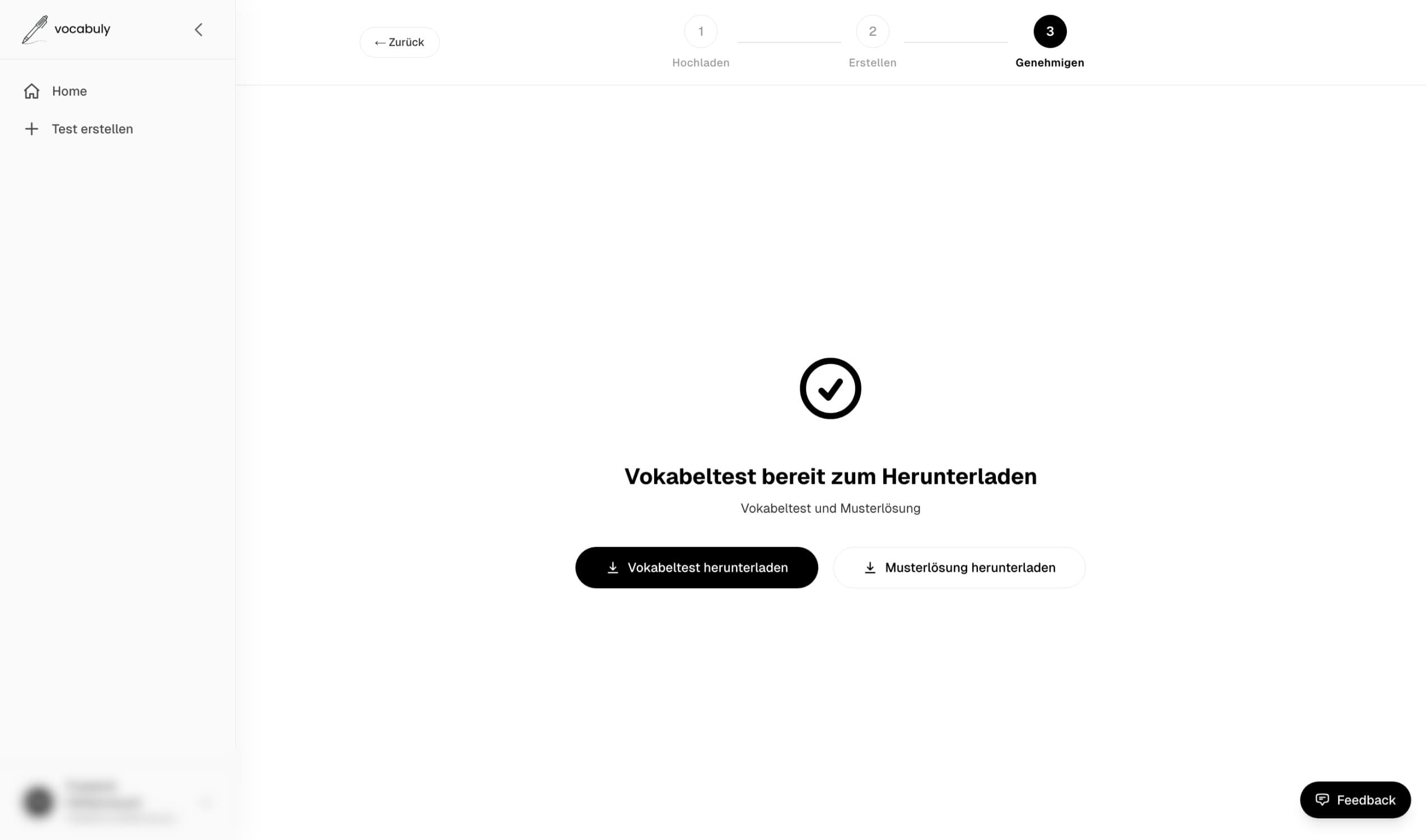 Vocabuly Ansicht zum Herunterladen eines fertigen Vokabeltests als PDF